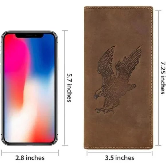 MEN'S RFID Vintage Look Genuine Leather Long Bifold Wallet Eagle Brown - Picture 4 of 8